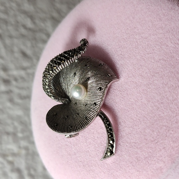 Theodore Fahrner Original Sterling Silver Marcasite FW Pearl Heart Brooch Pin - Picture 11 of 15